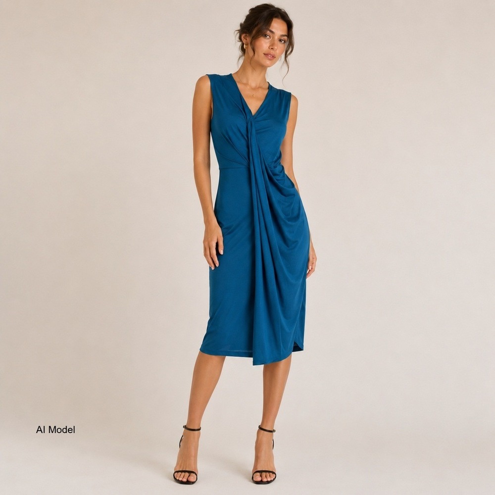 AllSaints Ruched Draping Midi Dress size 0 Teal Quiet Luxury Cocktail Wedding *